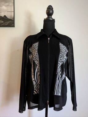 Vintage Mode Lita Sheer Mesh Jacket Animal Print Zebra Leopard Rhinestone Size L
